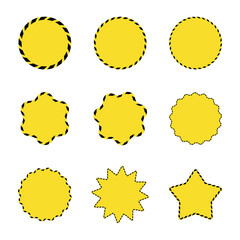 Set of yellow star and sun shaped barricade sale stickers. Promotional barrier tape labels