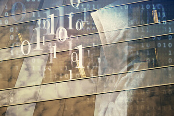 Data theme hologram drawing on city view with skyscrapers background multi exposure. Bigdata...
