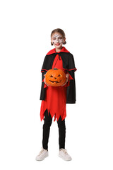 Cute little girl with pumpkin wearing Halloween costume on white background