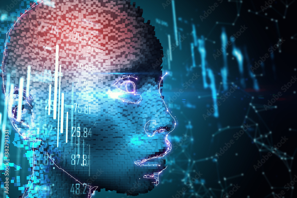 Poster abstract robotic head with stock charts.