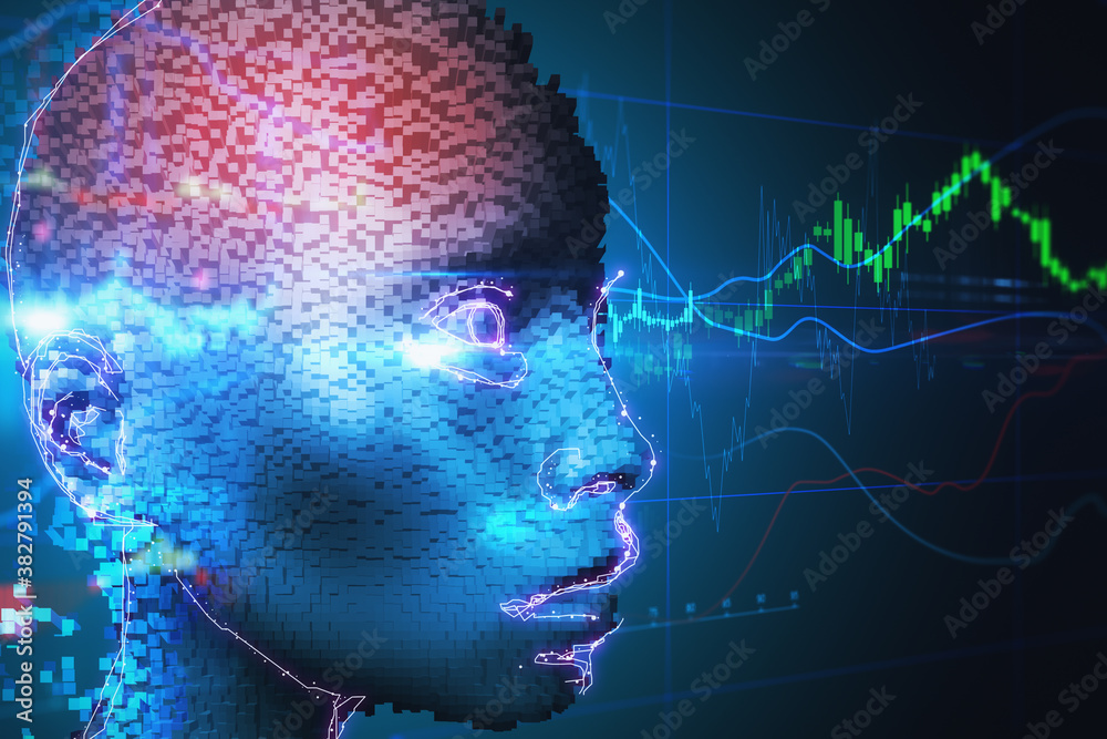 Poster Cubes robotic head with glowing stock charts interface