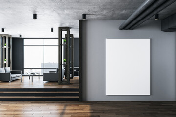 Contemporary living room with blank banner on wall