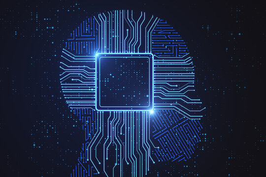 Abstract circuit chip hologram in robot head.