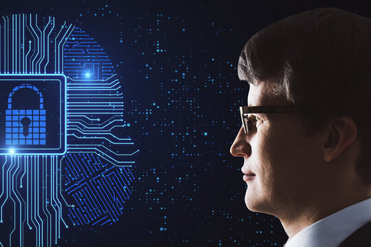 Businessman looking on circuit chip hologram