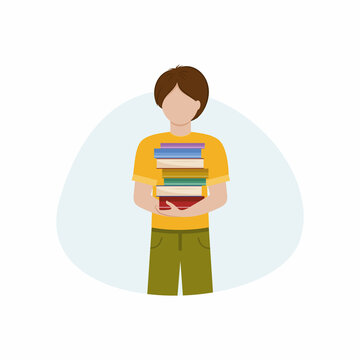 A handsome young guy holds a stack of books. A man with books. The concept of learning, knowledge and reading books. Vector flat illustration for an electronic library or bookstore..
