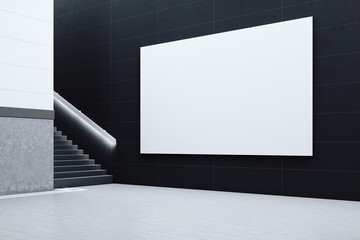Minimalistic interior with staircase and empty white banner.