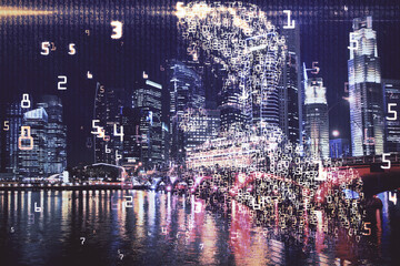 Double exposure of technology theme hologram and cityscape background. Concept of Hightech.