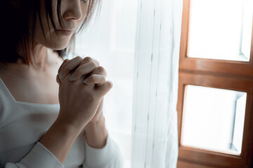Close up of woman hands pray at church, Woman believe and pray to God.