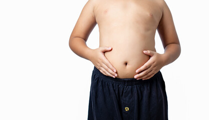 Naklejka premium Boy hands touching her fat on body isolated on white background.healthy concept.