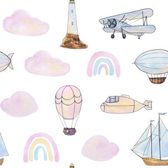 Little dreamer is a collection of hand-drawn watercolor and vector line art seamless patterns of air balloon, lighthouse, ship, airship, airplane, submarine, constellations, clouds, hearts and stars.