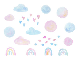 Little dreamer is a collection of hand-drawn watercolor and vector line art kids illustrations of air balloon, lighthouse, ship, airship, airplane, submarine, constellations, clouds, hearts and stars.