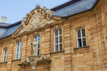 Richly decorated facade of the Franciscan Monastery in Bad Staffelstein next to the Basilica of the...