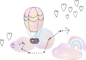Little dreamer is a collection of hand-drawn watercolor and vector line art kids illustrations of air balloon, lighthouse, ship, airship, airplane, submarine, constellations, clouds, hearts and stars.