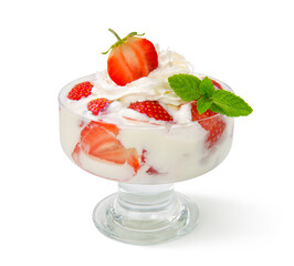 Fresh strawberries with whipped cream and a sprig of mint in a glass bowl, isolated on a white background.