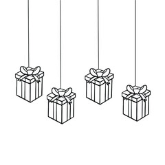 Gift boxes sketch outline isolated on white background. Surprise merry christmas present icon with bow, tape, ribbon. Celebration, decoration. 