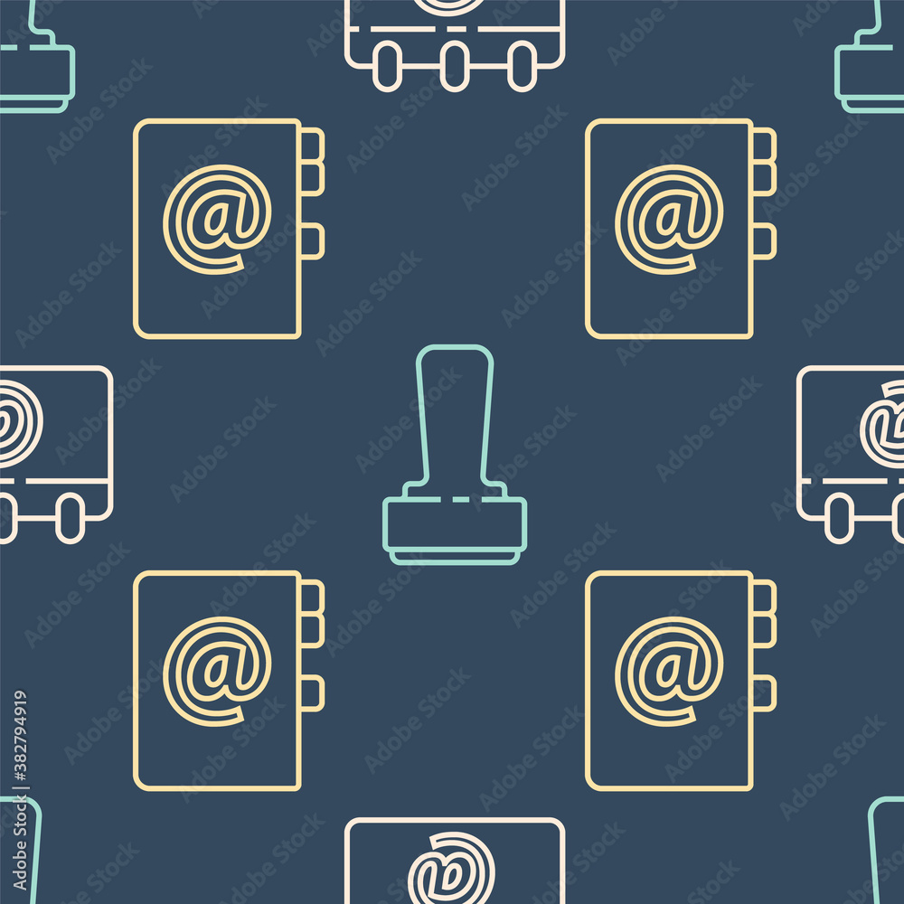 Poster set line calendar with email, address book and stamp on seamless pattern. vector.