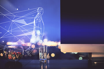 Desktop computer background in office and start up theme hologram drawing. Double exposure. Startup concept.