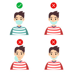 Vector and illustration of men showing how to wearing face mask correctly and incorrectly in flat cartoon design. 
