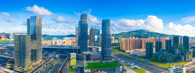 Fototapeta premium Aerial view of Hengqin Free Trade Zone, Zhuhai City, Guangdong Province, China