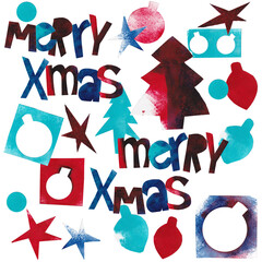 Merry Xmas greeting card created with handpainted collage pieces and letters in red and blue