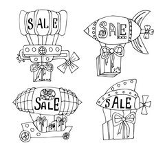 Set of vector linear airships in steampunk style with the inscription sale. Collection of fantastic flying cars in Doodle style. Isolated on a white background. Banner for sale. © Nadine.de.trevile