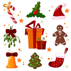 Collection of Christmas labels.
For gifts and congratulations. Wreath, mistletoe, bells, gift box, gingerbread cookies, sock. Vector illustration