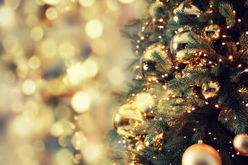 Decorated christmas tree pine on blurred gold background bokeh light banner