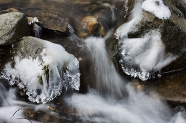 Ice on a mountain stream, winter
