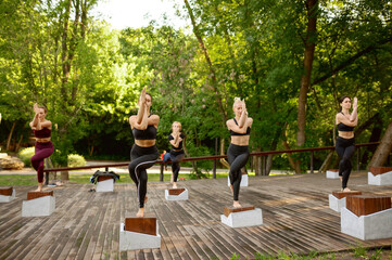 Slim women doing balance exercise, group yoga