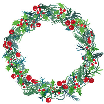 Christmas wreath illustration painted in watercolors with leaves, holly and berries