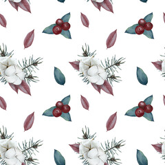Watercolor Christmas elements seamless pattern. Winter, Christmas, theme.