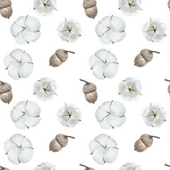 Watercolor seamless pattern with cotton and acorn. Winter, autumn theme.