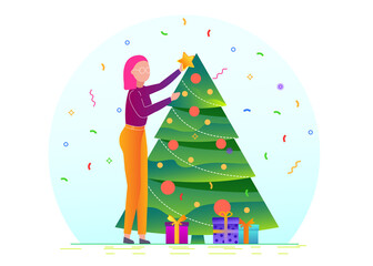 Merry Christmas and Happy New Year templates. Joyful young girl decorate the Christmas tree with balls and a star.