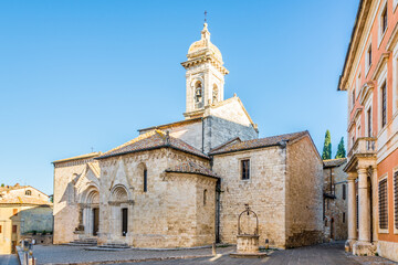 Fototapeta na wymiar View at the Church of Pieve dei Santi Quirico and Giulitta in San Quirico d Orcia, Italy