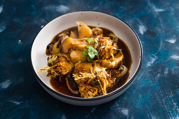 plant-based food, vegan potato bake with spanish onions and dairy-free cream cheese