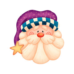 Illustration of cute cartoon Santa Claus in purple hat isolated on white background. Santa Claus in Scandinavian style. Head of Santa Claus. Christmas gnome.