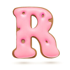 Capital letter R. Pink gingerbread biscuit isolated on white.