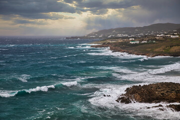 Moody Seascape. Isolated. Seacoast view in Autumn in Syros island, Greece. Stock Image