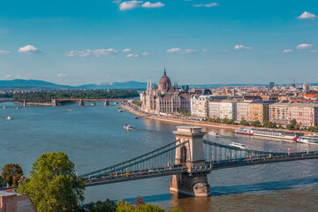 Fototapeta na wymiar The panorama view of the skyline in Budapest, Hungary, with Széchenyi Lánchíd over the Danube, and the parliament building in Hungary.