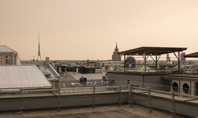 Location - Riga, Latvia. Shoot date - 10/04/2020. Top view of the Latvian capital Riga in Autumn. Top view of old town Riga. Vintage.