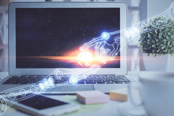 Multi exposure of desktop computer and technology theme hologram. Concept of software development.