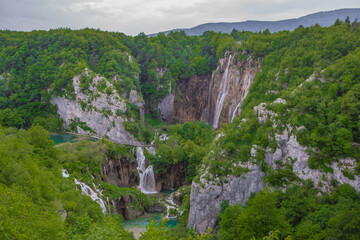 The beautiful lakes and waterfalls in Plitvice Lakes National Park, Croatia.