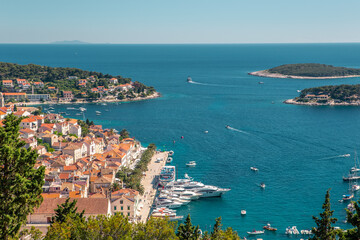 The old harbour at Hvar island, at the coast of Croatia, on a sunny day, summer time.