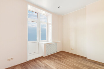 White empty room with big window and wooden floor. Loft interior mock up. 3d render home blank space.