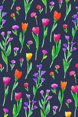 Floral seamless pattern with different flowers and leaves. Botanical illustration hand painted. Textile print, fabric swatch, wrapping paper.