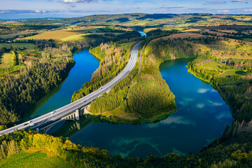 Aerial view of Svihov dam (Zelivka) with D1 highway. Reservoir of drinking water for Prague