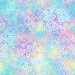 Holographic foil vivid trendy seamless geometric pattern. Opalescent psychedelic design in pastel rainbow colors. Cosmic futuristic iridescent graphic swatch.