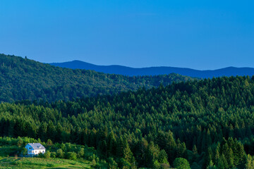 Fototapeta na wymiar Mountain landscape in summer before sunset, in the foreground on the left a small white house surrounded by Christmas trees .