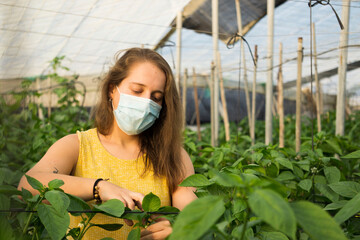 woman in a greenhouse with mask