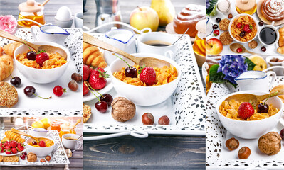 Collage mix set of Breakfast with cornflakes berry honey and croissant on wooden board white tray.